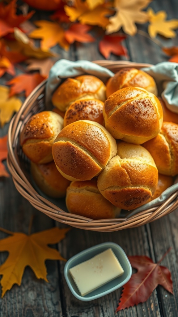 Soft Pumpkin Bread Rolls Recipe A basket of golden pumpkin bread rolls with butter on a rustic table decorated with autumn leaves.